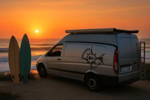 Rutas camper España 2026: destinos ideales para viajar en camper 1 Furgoneta camper de Malaspina Expediciones junto a tablas de surf al atardecer en la playa